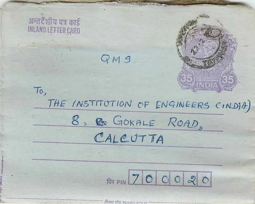 Carta postal interna — Institution of Engineers (India) — editor: India, número de série não visível - Frente
