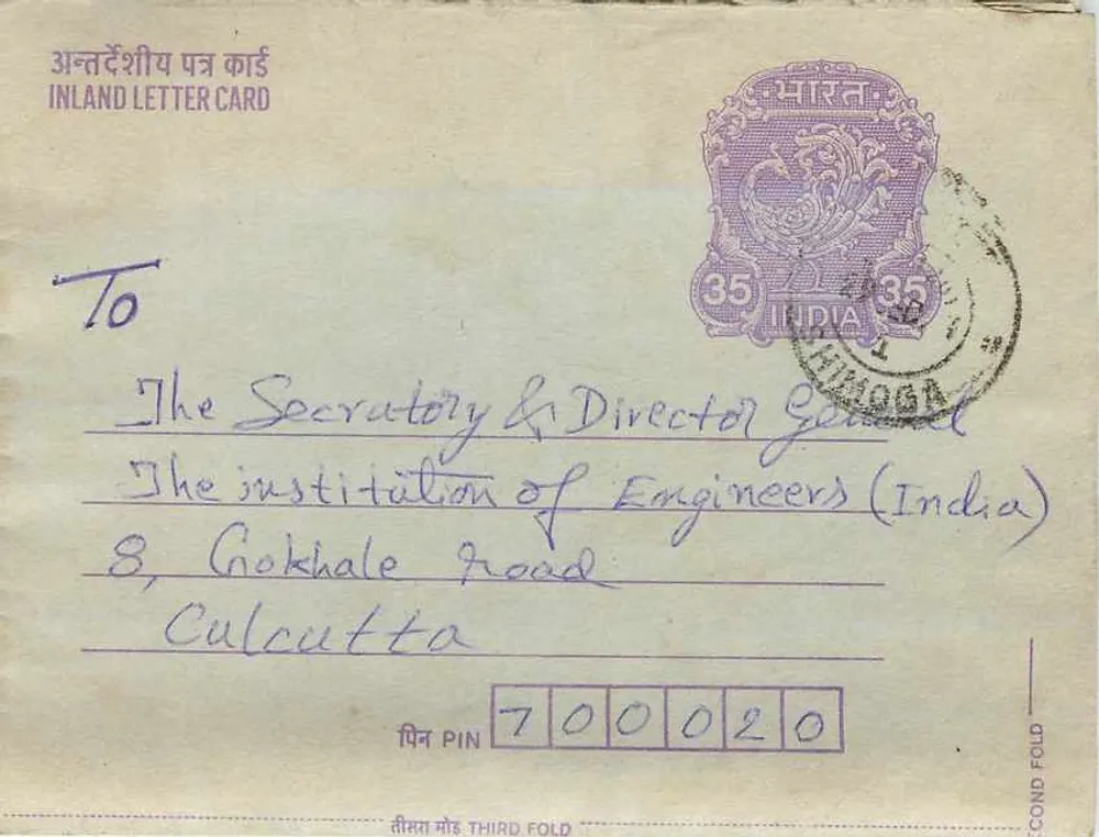 Carta postal interna indiana — Gandhi — destinada à Instituição dos Engenheiros da Índia em Calcutá - Frente