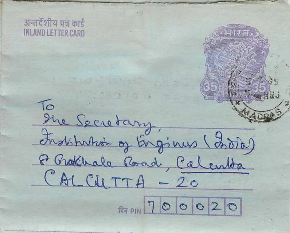 Carta postal interna indiana — Madras para Calcutta — editor: India Post, número de série não visível - Frente
