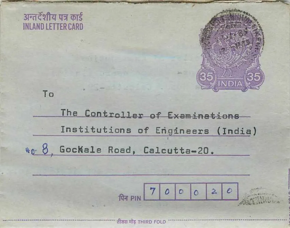 Carta postal interna indiana — Gandhi — destinada ao Controlador de Exames das Instituições de Engenheiros (Índia) em Calcutá - Frente