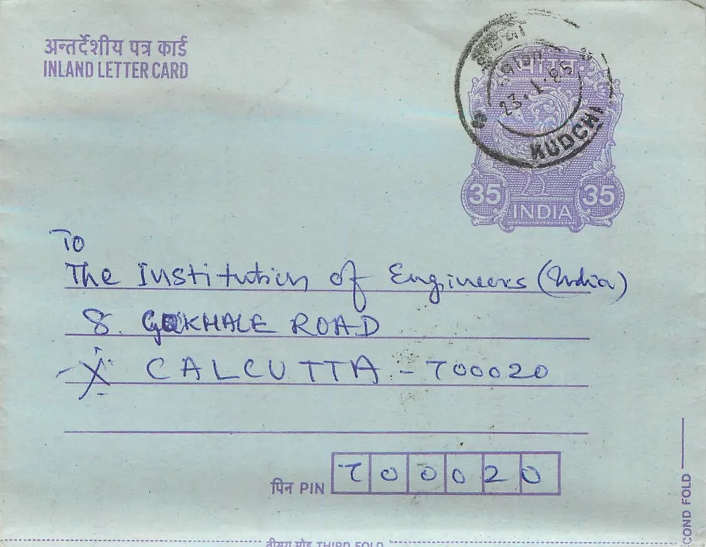 Carta postal interna — Kuduchi — 35 annas — texto sobre Gandhi — destinatário em Calcutta - Frente