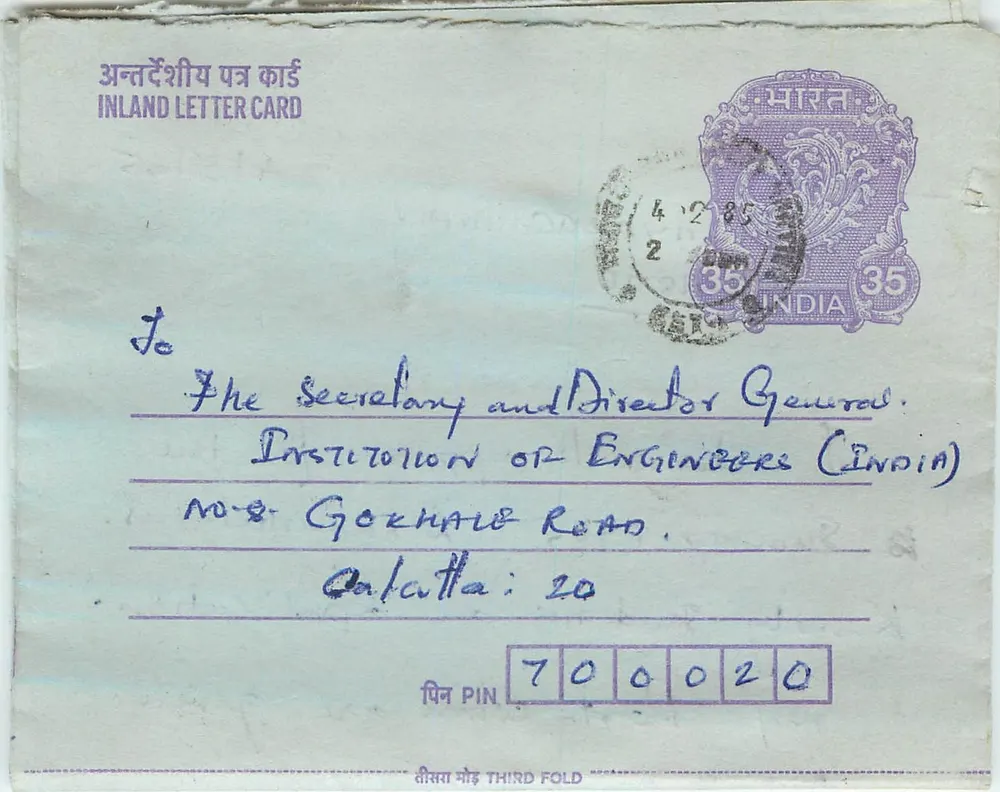 Carta postal interior indiana — Gandhi — 35 annas — destinada à Instituição de Engenheiros (Índia) em Calcutá - Frente