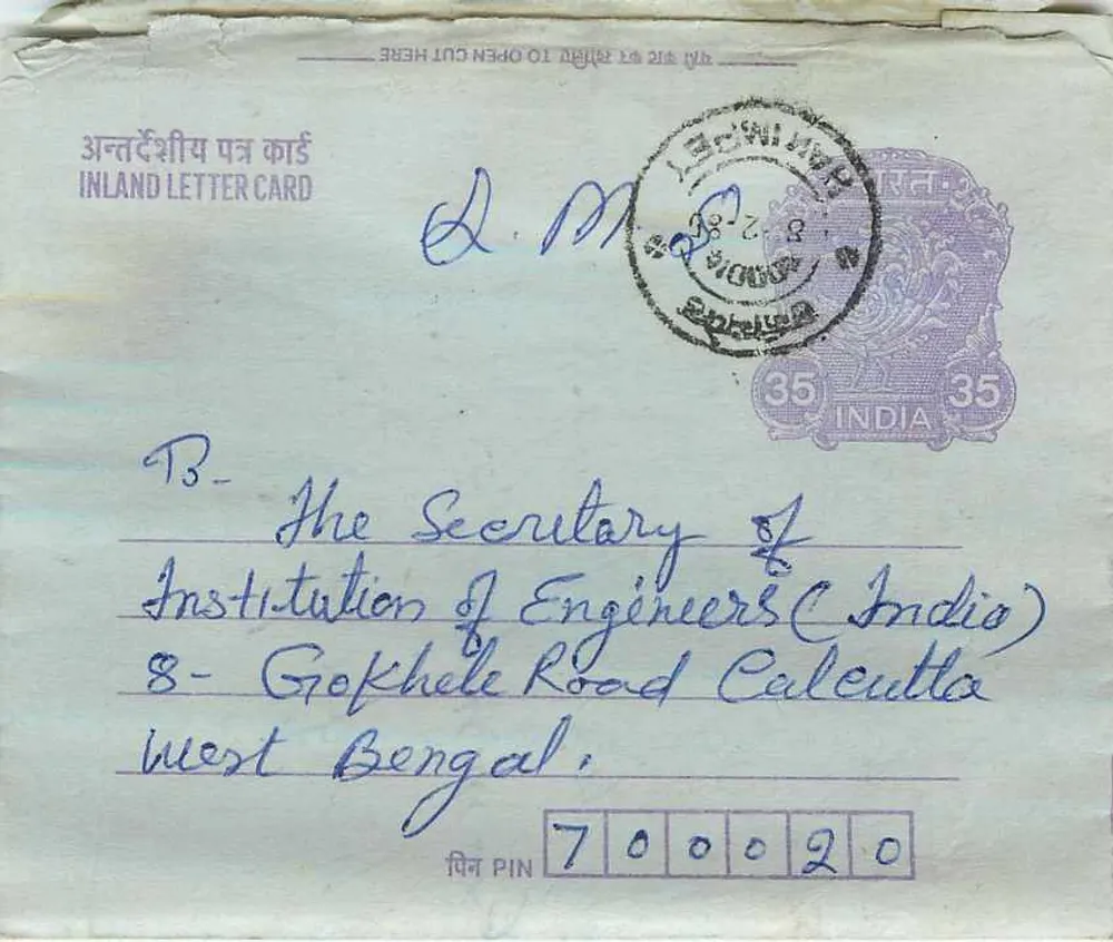 Carta postal interna indiana — Sattardali para Calcutta — selo 35 anos - Frente