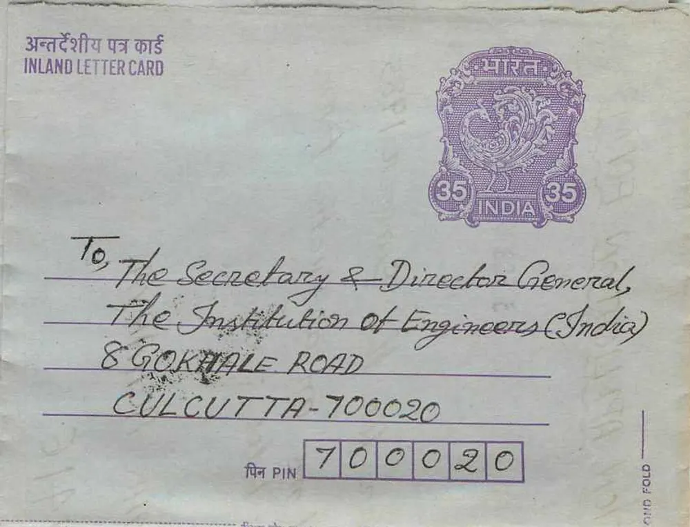 Carta postal interna indiana — Gandhi — 35 annas — destinada à Institution of Engineers (India) em Calcutá - Frente