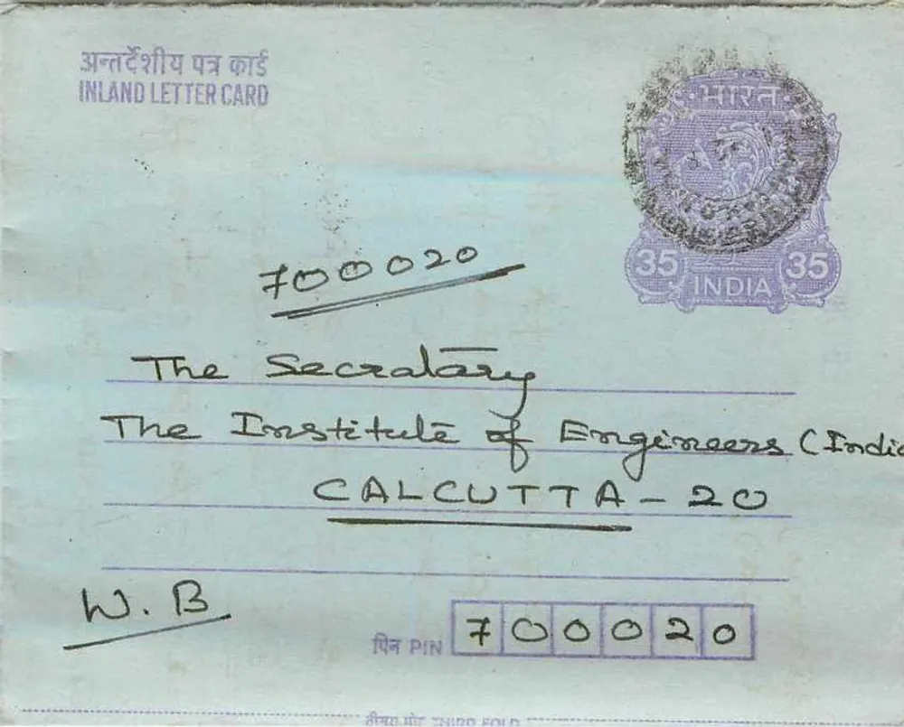 Carta postal interna indiana — Instituto dos Engenheiros da Índia em Calcutá — selo de 35 annas - Frente