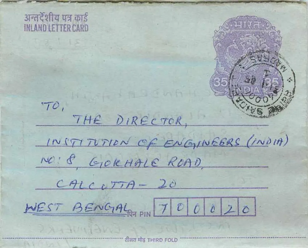 Carta postal interna indiana — Gandhi — destinada à Instituição dos Engenheiros (Índia) em Calcutá - Frente