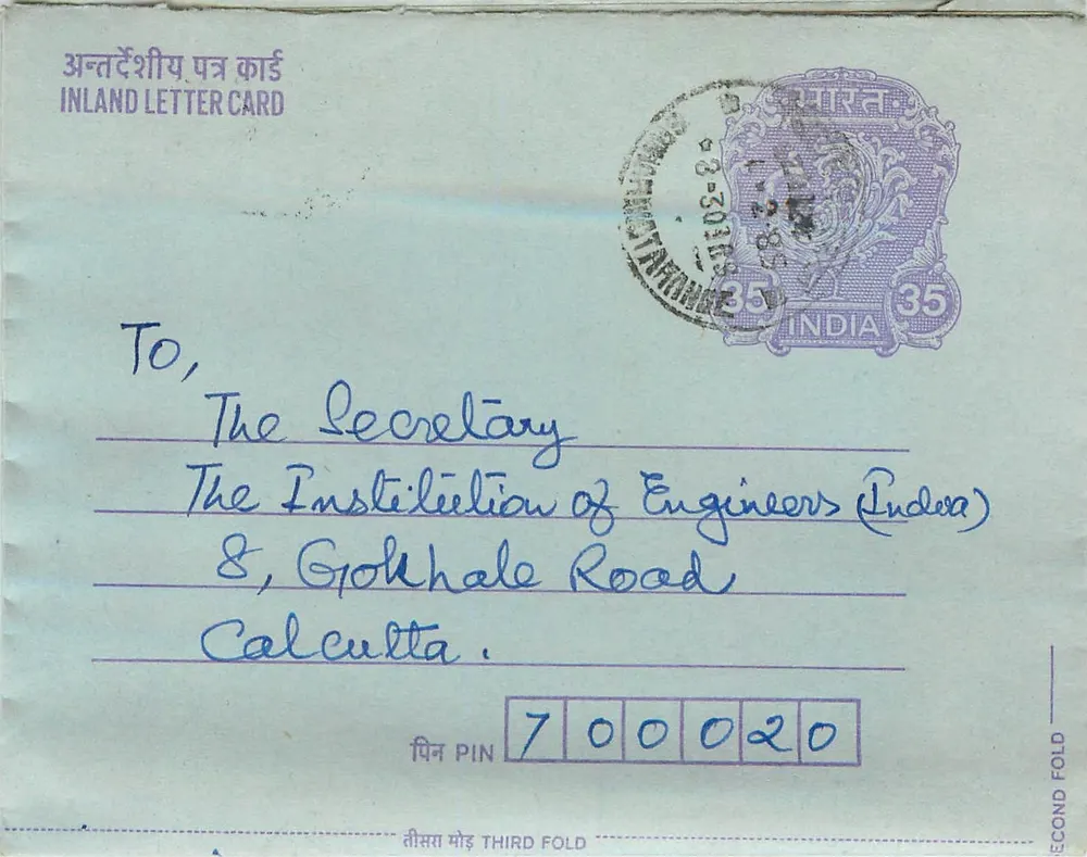 Carta postal interna indiana — Institution of Engineers (India), Calcutá — editor: India Post, n° de série: 35 - Frente