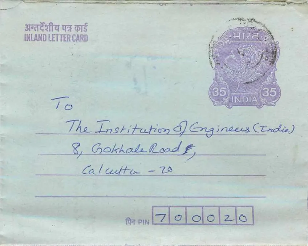 Carta postal interna indiana — Institution of Engineers (Índia) — Calcutá — selo 35 p. — editor: India - Frente