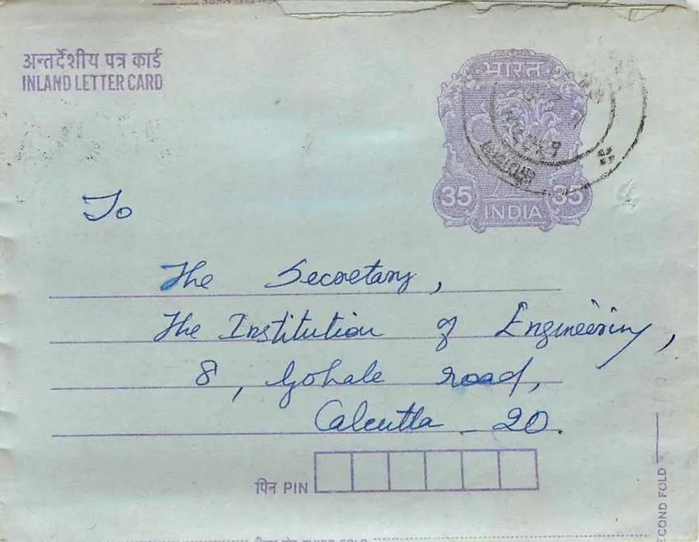Carta postal interior indiana — Gandhi — 35 annas — enviada de Salem para Calcutta - Frente