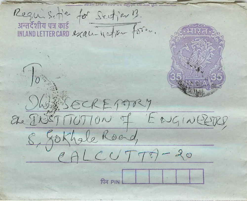 Carta postal interior indiana — Institution of Engineers, Calcutta — selo de 35 anos - Frente