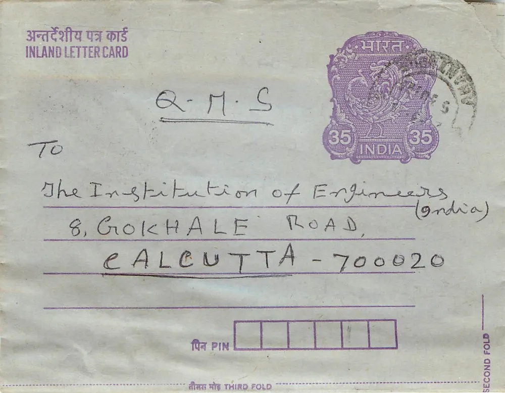 Carta postal interna indiana — Institution of Engineers, Calcutta — carimbo 35 annas - Frente