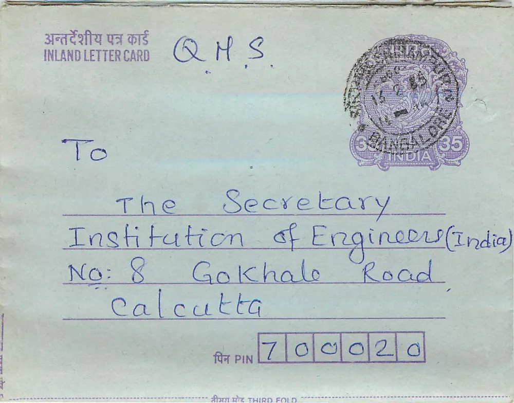 Carta postal interna indiana — Institution of Engineers (India), Calcutá — editor: India Post - Frente