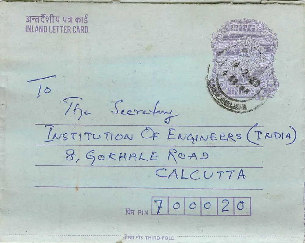 Carta postal interna indiana — Institution of Engineers (India) — Calcutá - Frente