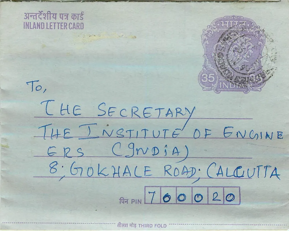 Carta postal interior indiana — 35 annas — destinada ao Instituto dos Engenheiros da Índia em Calcutá - Frente