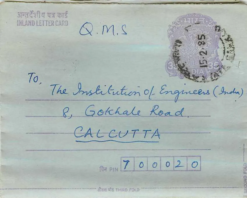 Carta postal interna — Calcutá — Institution of Engineers (India) — editor: India Post - Frente