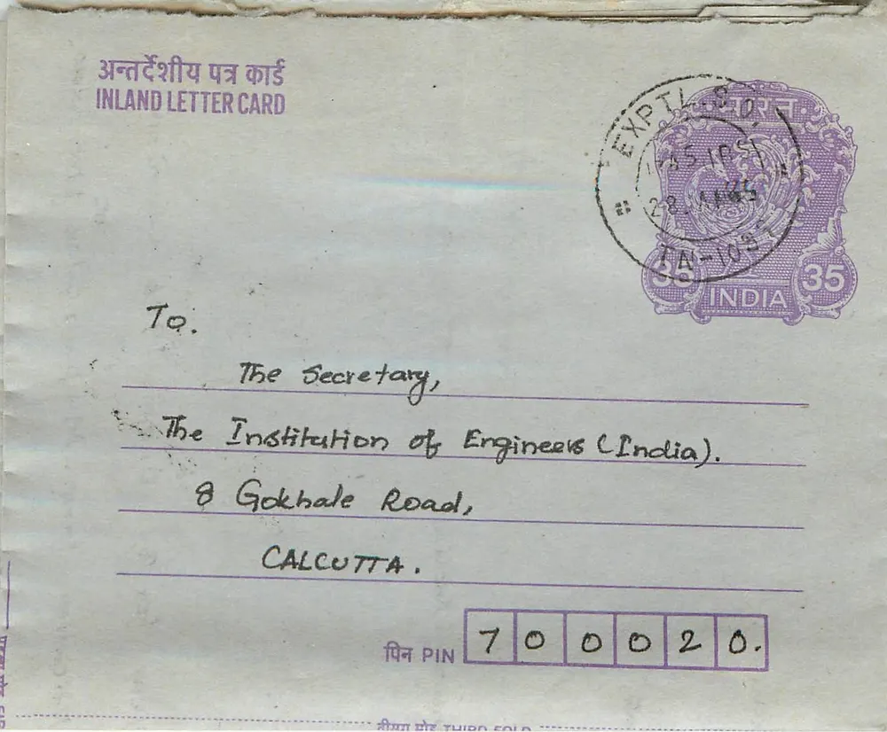 Carta postal interna indiana — Gandhi — Institution of Engineers (India) — Calcutá - Frente