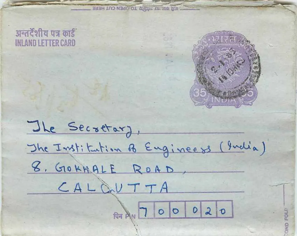 Carta postal interna indiana — Gandhi — destinada à Instituição dos Engenheiros (Índia) em Calcutá - Frente