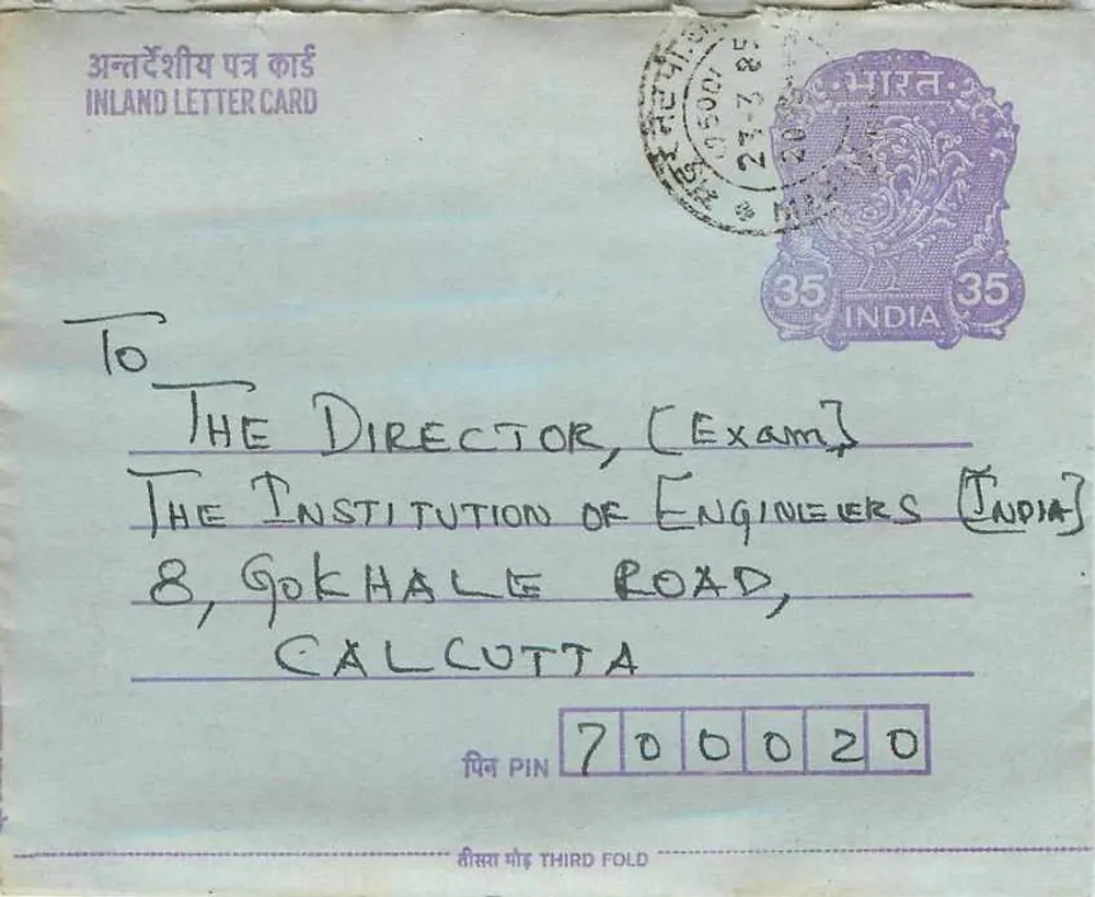 Carta postal interna indiana — Calcutá — editor não visível - Frente