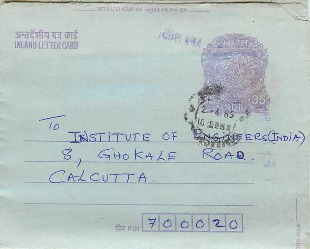 Carta postal interna — Calcutta, Índia — editor: India Post - Frente