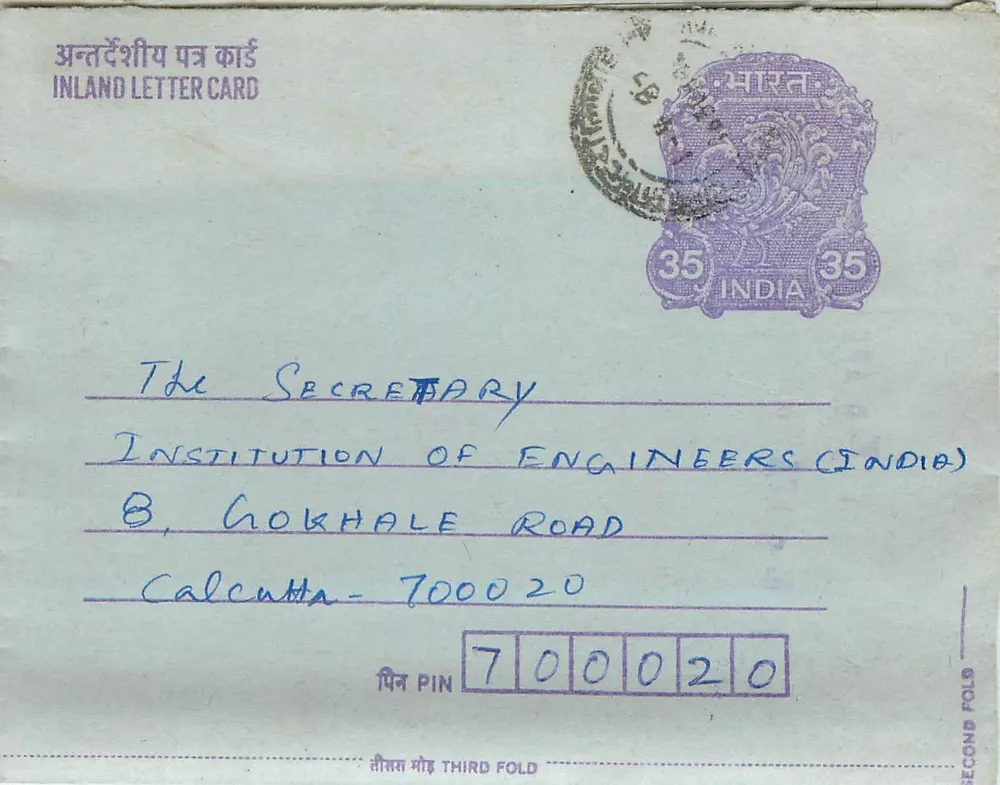 Carta postal interna indiana — Institution of Engineers (India) — Calcutta - Frente