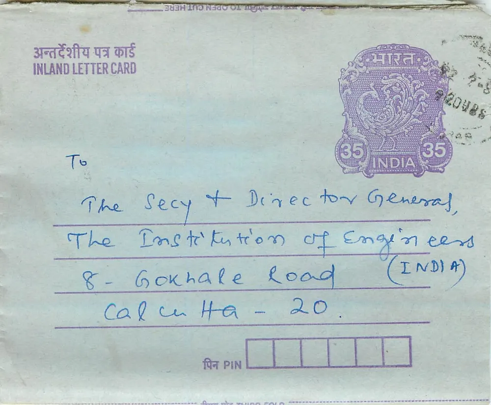 Carta postal interna indiana — selo de 35 annas — texto contra a untouchabilidade — destinatário em Calcutá - Frente