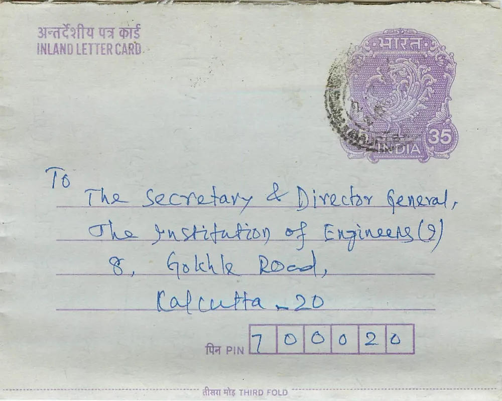 Carta postal interna indiana — A.K. Padthy, Madras — destinada à Institution of Engineers, Calcutta - Frente