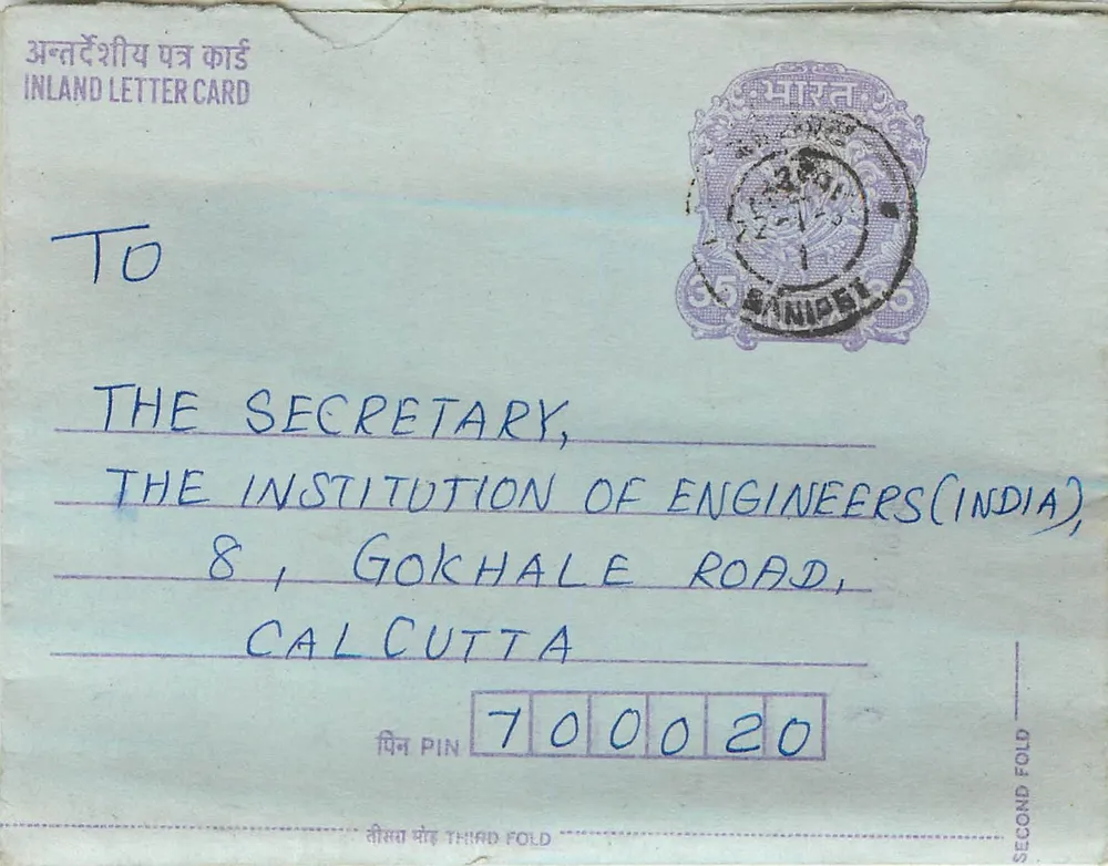 Carta postal interior indiana — Gandhi — destinada à Instituição dos Engenheiros da Índia em Calcutá - Frente