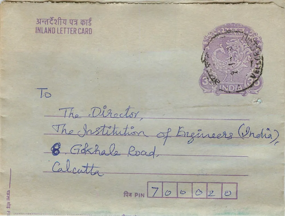 Carta postal interna indiana — Institution of Engineers (India) — editor: India Post - Frente