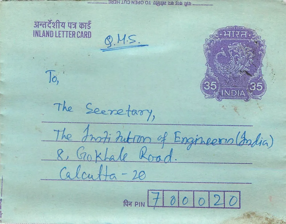 Carta postal interna indiana — Gandhi — 35 annas — destinada à Institution of Engineers (India) em Calcutta - Frente