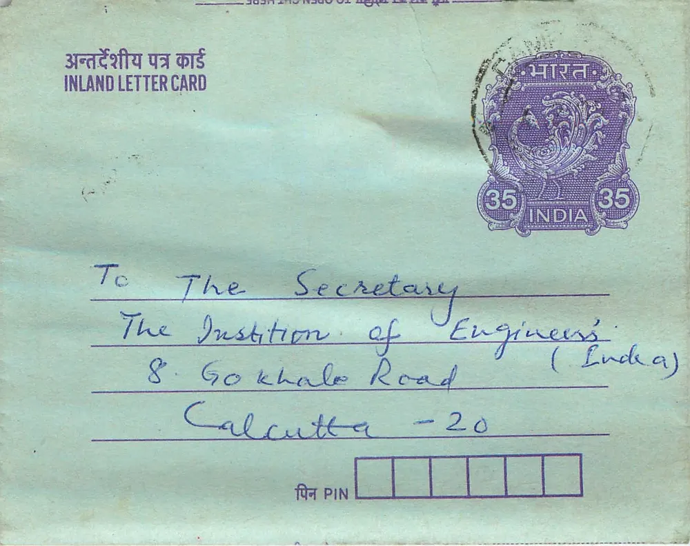 Carta postal interna indiana — Institution of Engineers, Calcutta — editor não visível - Frente
