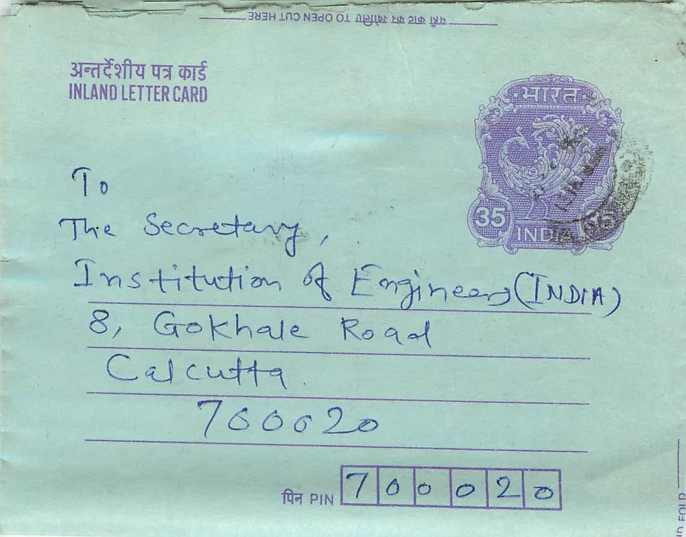 Carta postal interna indiana — Institution of Engineers (India), Calcutta — editor não visível - Frente