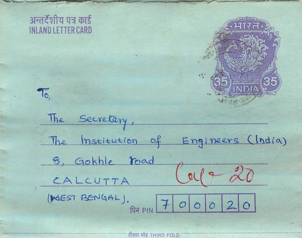 Carta postal interior indiana — 35 annas — destinada à Institution of Engineers (India) em Calcutta — verso com selo Gandhi e carimbo de correio - Frente