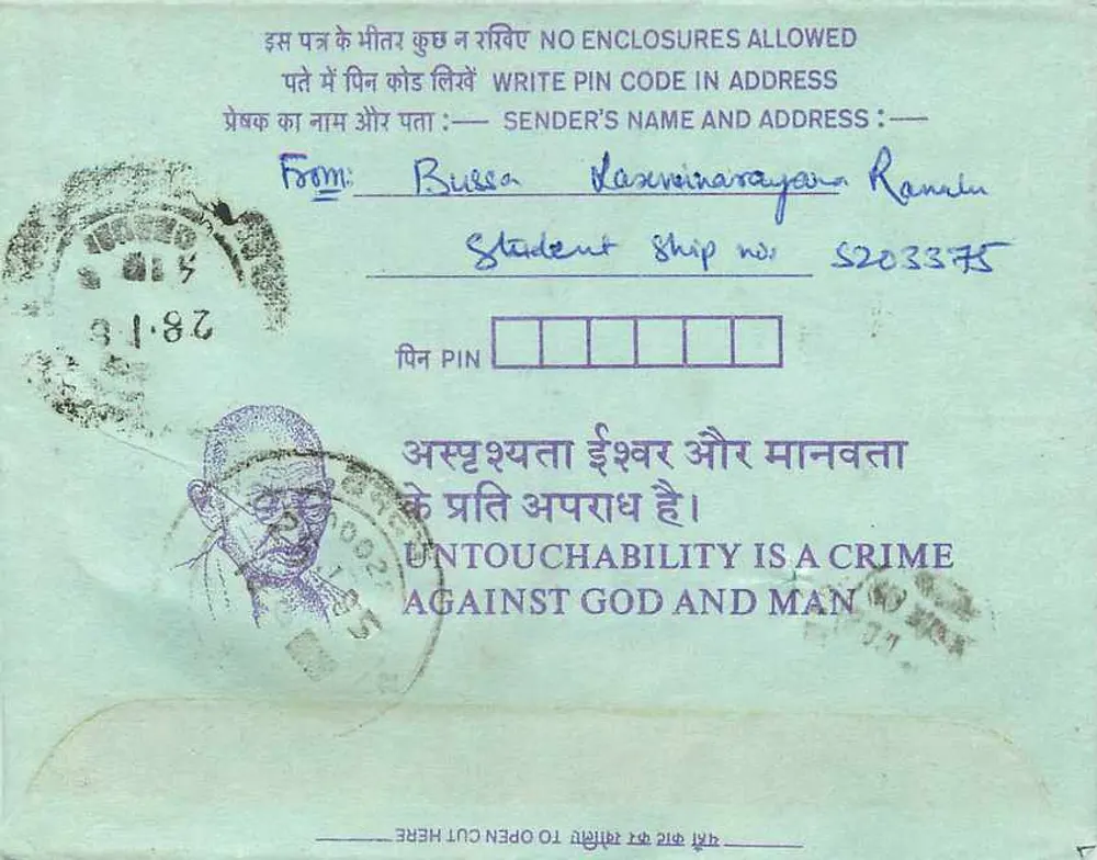 Carta postal interior indiana — 35 annas — destinada à Institution of Engineers (India) em Calcutta — verso com selo Gandhi e carimbo de correio - Verso