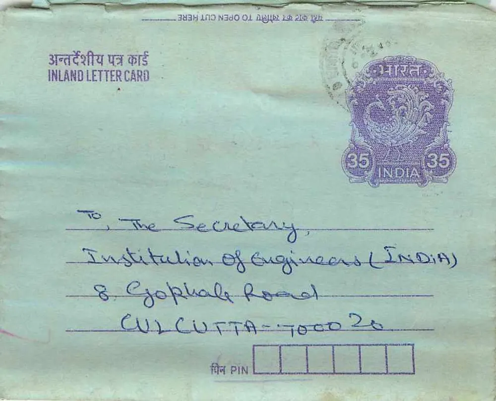 Carta postal interior indiana — Gandhi — 35 annas — destinada à Instituição de Engenheiros (ÍNDIA) em Calcutta - Frente
