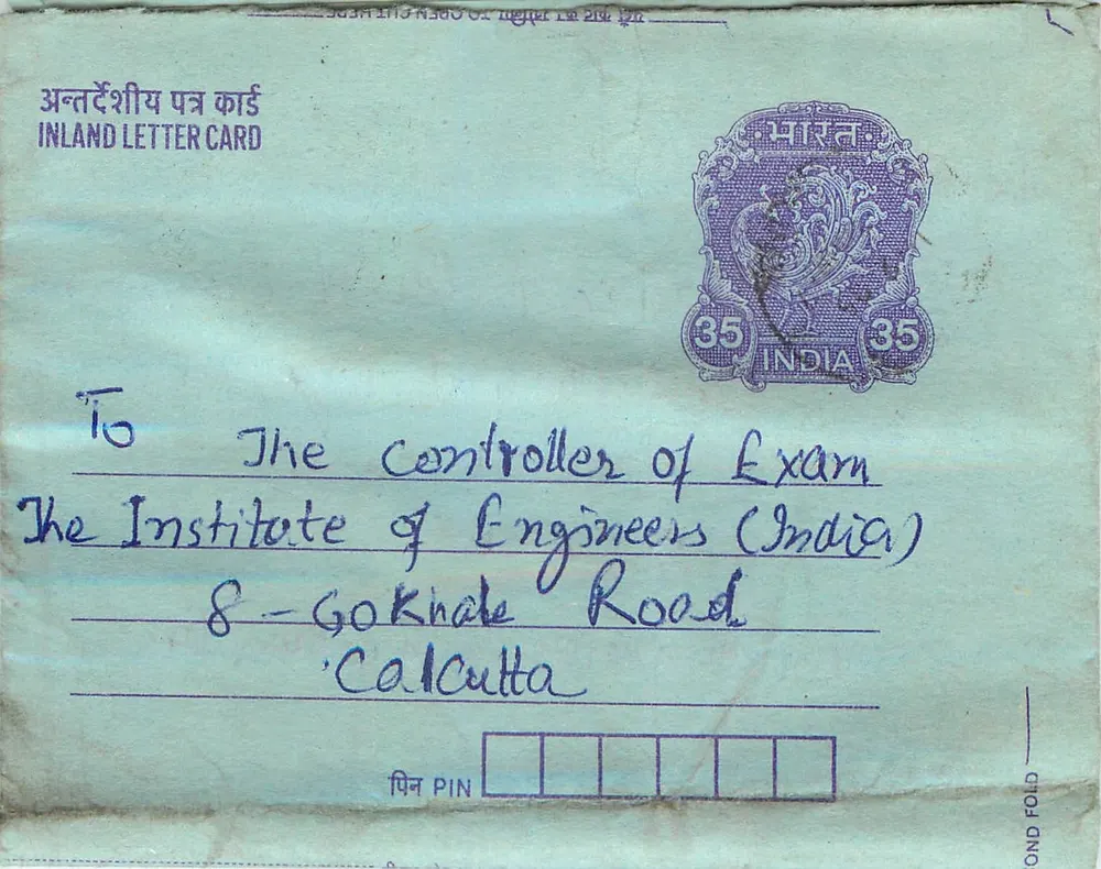 Carta postal interna indiana — 35 annas — destinada ao Instituto dos Engenheiros da Índia em Calcutá - Frente