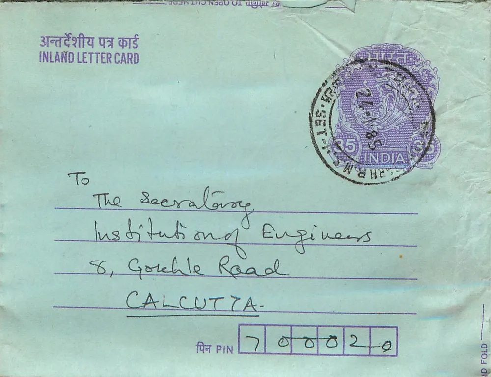 Carta postal interna indiana — Instituição dos Engenheiros — Delhi, 1938 - Frente