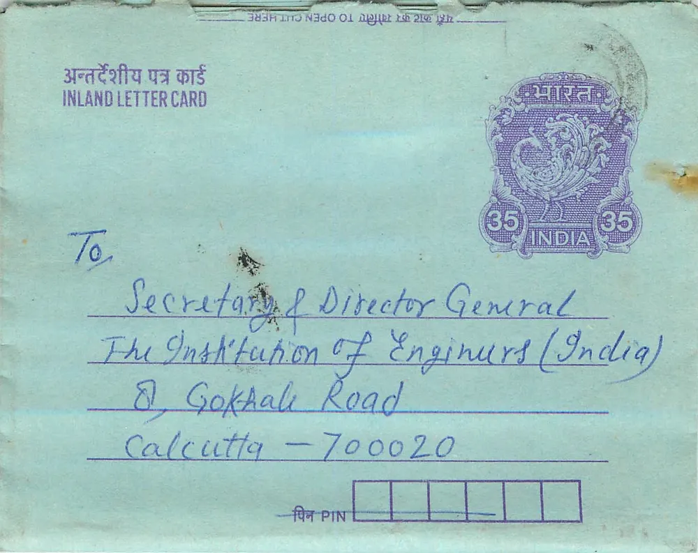 Carta postal interior indiana — 35 annas — destinada à Institution of Engineers (India) em Calcutá - Frente