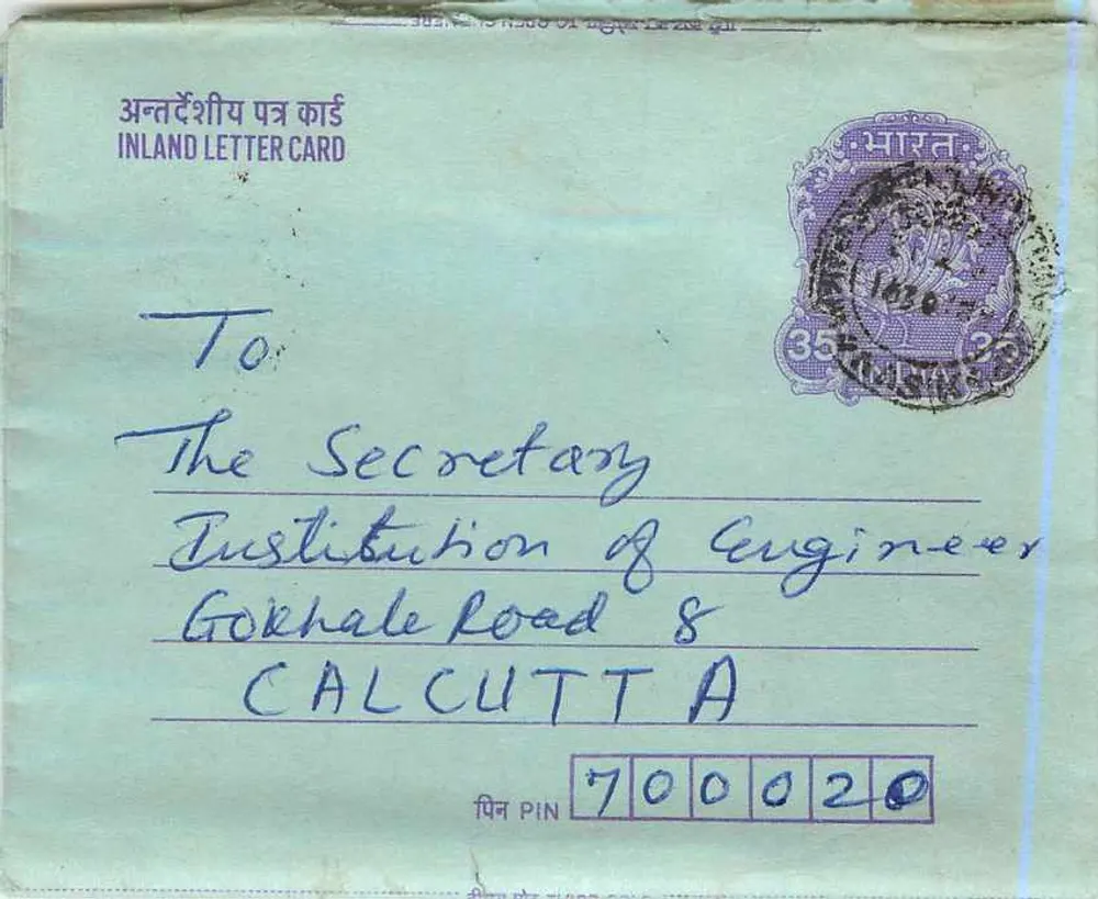 Carta postal interna indiana — S.K. Kumawat, Dept. de Engenharia, na Instituição de Engenheiros, Calcutá — selo de 35 p. e carimbo - Frente