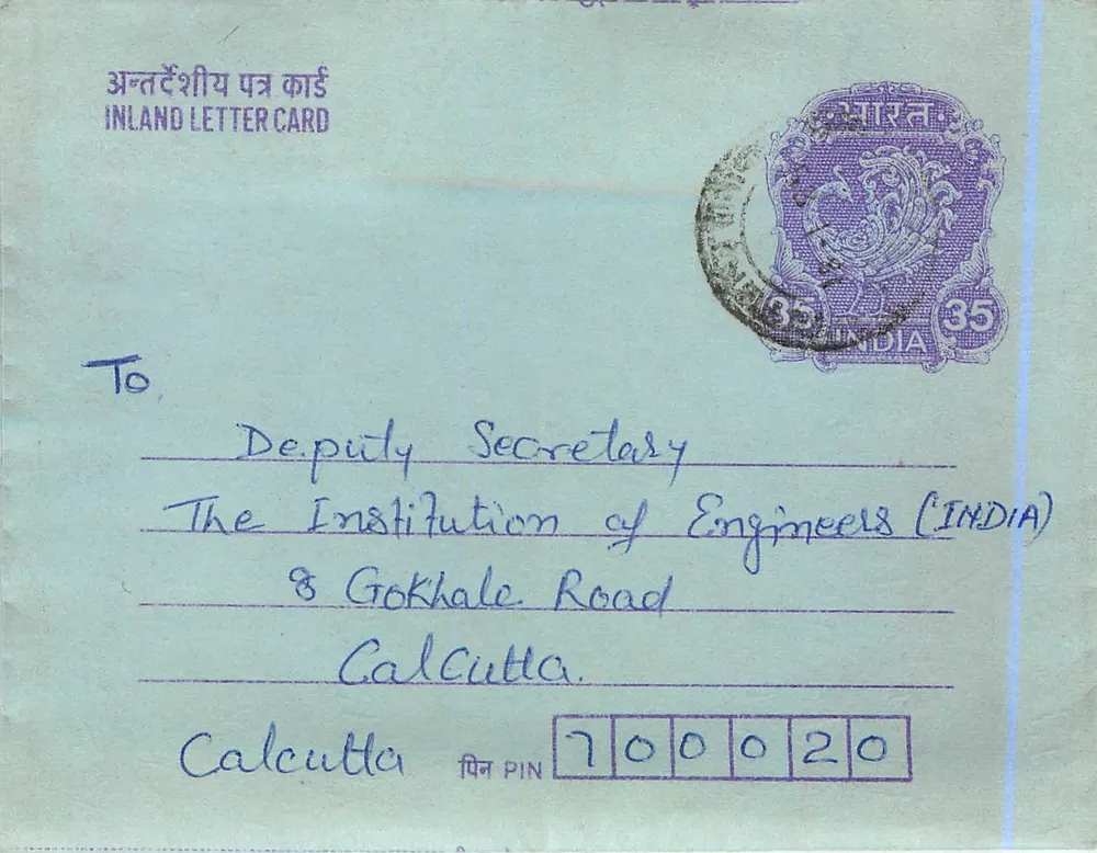Carta postal interna indiana — Departamento das Postas, Calcutá — carimbo 35 anos - Frente