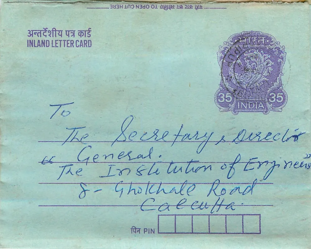 Carta postal interior indiana — Gandhi — 35 annas — destinada à Instituição de Engenheiros, Calcutta - Frente