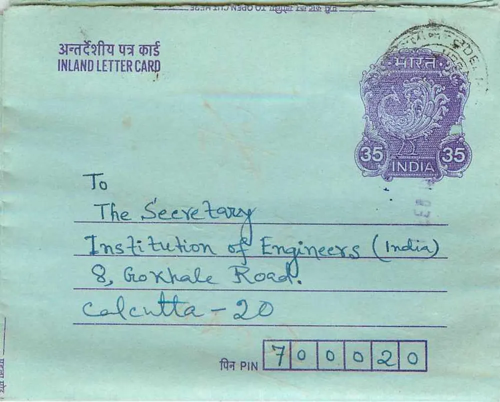 Carta postal interior indiana — Gandhi — destinada à Instituição de Engenheiros (Índia) em Calcutá — selo de 35 anos - Frente