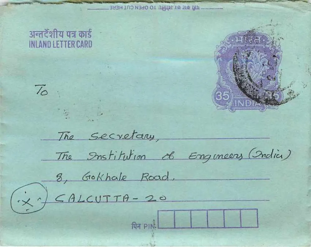 Carta postal interna indiana — Gandhi — 35 annas — destinada à Instituição dos Engenheiros da Índia em Calcutá - Frente