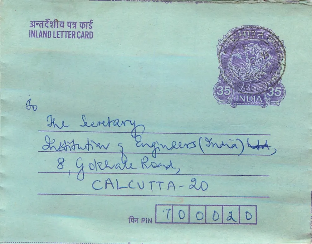 Carta postal interna indiana — Institution of Engineers (India) Ltd, Calcutta — selo 35 annas - Frente