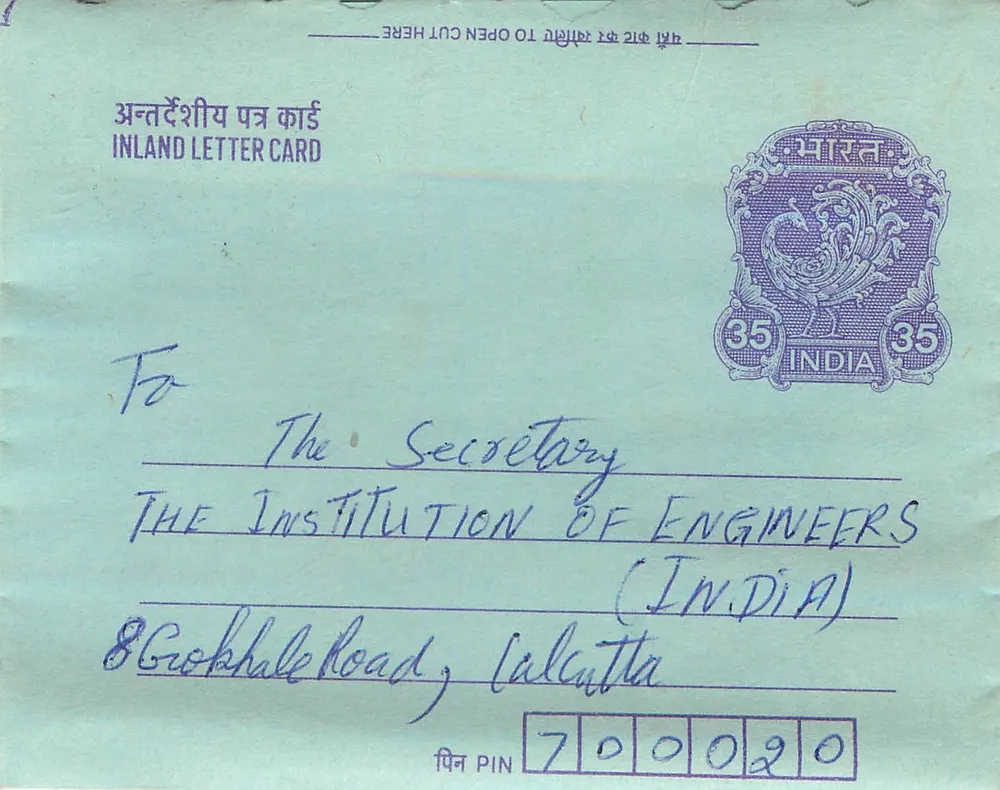 Carta postal interna indiana — selo de 35 p. — destinada à Instituição dos Engenheiros da Índia em Calcutá - Frente