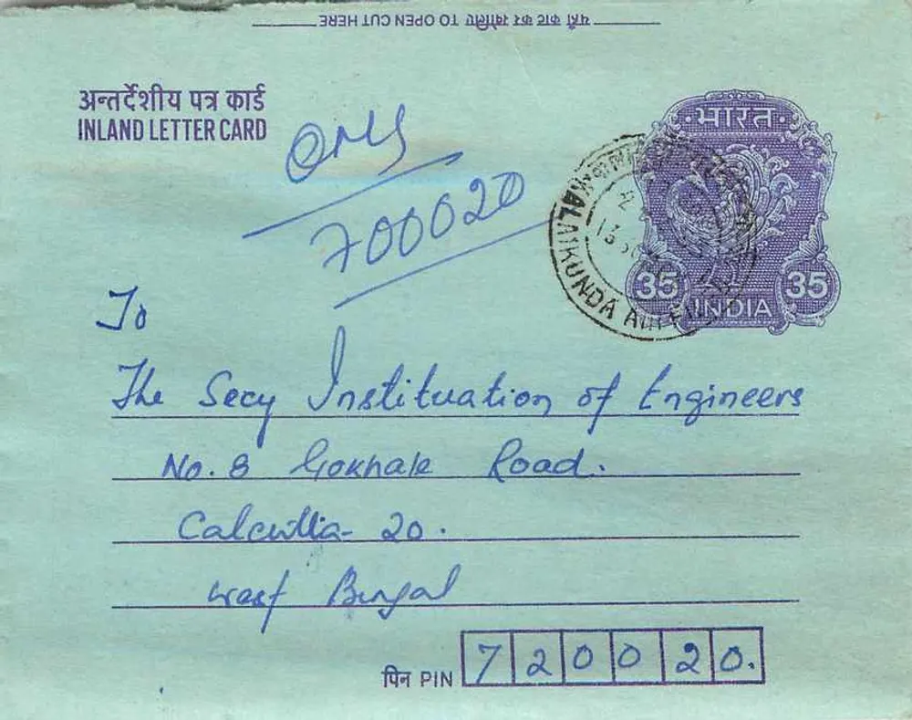 Carte postal interna indiana — Gandhi — destinada à Instituição dos Engenheiros de Calcutta — selo 35 annas - Frente