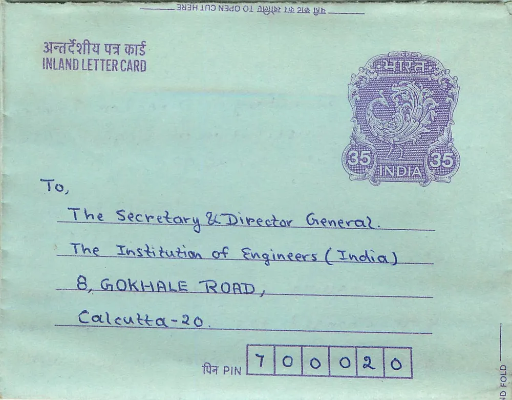 Carta postal interna indiana — selo 35 p. — destinada à Institution of Engineers (India) em Calcutta - Frente