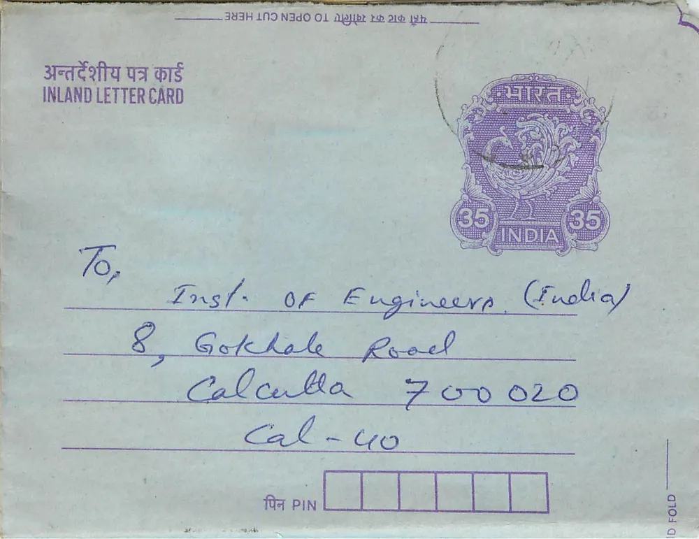 Carta postal interior indiana — Instituto dos Engenheiros da Índia em Calcutá — selo 35 annas - Frente