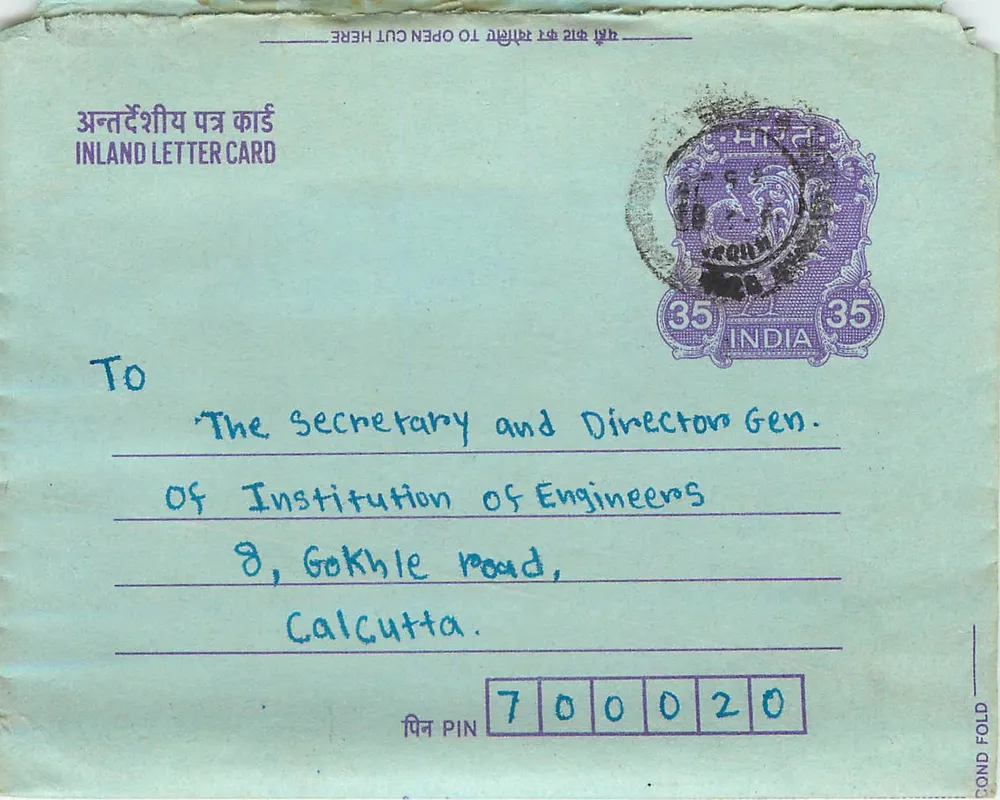 Carta postal interior indiana — Instituto de Engenheiros, Calcutta — selo 35 anos - Frente