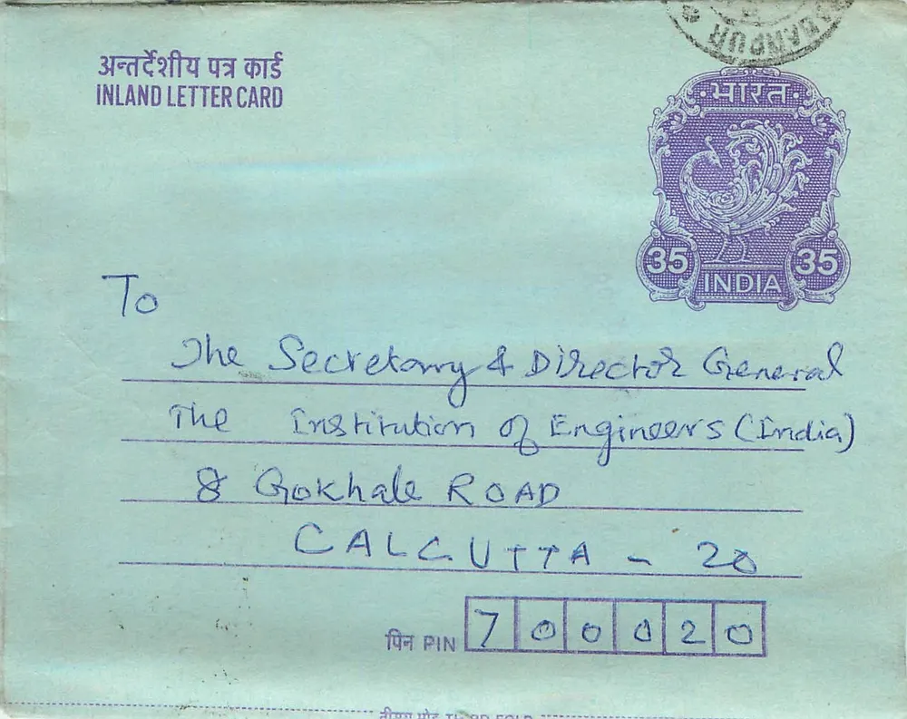 Carta postal interna indiana — Institution of Engineers (India) — Calcutá — selo de 35 p. — Gandhi - Frente