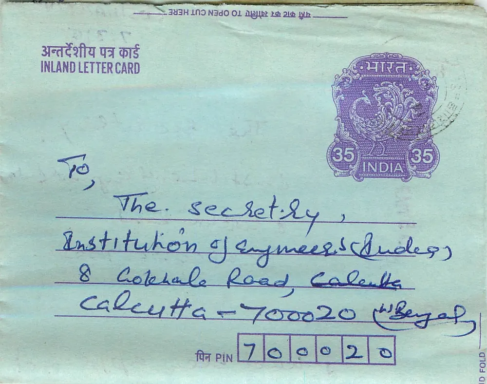 Carta postal interna indiana — Institution of Engineers (Indies) — editor não visível - Frente